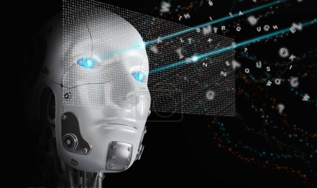 Téléchargez les photos : Une IA tête de cyborg regarde à travers un ensemble de codes binaires et apprend les langages humains. Apprentissage profond et automatique de la technologie de l'intelligence artificielle. - en image libre de droit