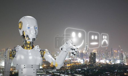 Ein lächelnder KI-Roboter wird fühlend und bei Bewusstsein. Künstliches, maschinelles oder synthetisches Bewusstsein. Ais Hand zeigt auf die aktuelle Stimmung mit einem nächtlichen Blick auf die Stadt im Hintergrund. Technologie und Wissenschaft