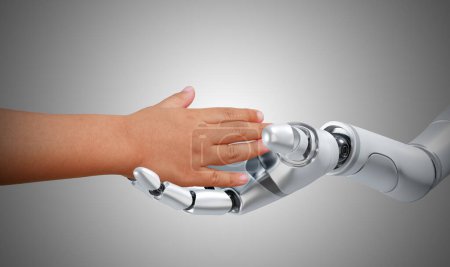 Foto de Robot y humano, las manos tocan y conectan. Inteligencia artificial inteligente, aprendizaje automático, Chatbot e inteligencia artificial vive con el concepto de convivencia humana. - Imagen libre de derechos