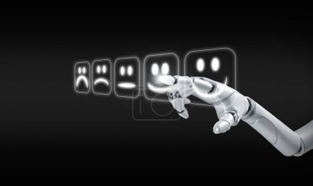 Téléchargez les photos : Le robot IA devient sensible et conscient. Conscience artificielle, mécanique ou synthétique. La main d'Ai pointe vers son humeur actuelle. Technologie et science - en image libre de droit