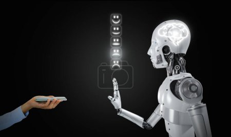 Foto de La IA se vuelve sensible y consciente. Conciencia artificial, artificial, artificial o sintética. Un robot se niega a tomar la tableta y expresar su sentimiento en la pantalla virtual. - Imagen libre de derechos