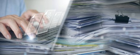 Photo for Document Management System (DMS): Businessman digitizes stacks of papers to go paperless. Enterprise Resource Planning (ERP), E-document management, online documentation database, digital file storage - Royalty Free Image