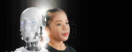 Téléchargez les photos : Gros plan d'une fille et d'un robot face à un monde numérique futuriste avec intelligence artificielle, technologie intelligente, métaverse, jumeaux numériques et coexistence de l'intelligence artificielle humaine. - en image libre de droit