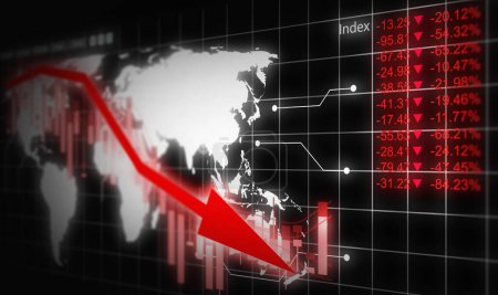 Rezessionskonzept. Weltkarte und Finanzdiagramm im freien Fall inmitten globaler Finanzkrise und Börsencrash