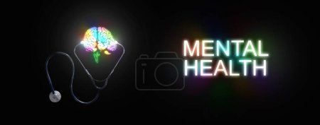 Salud Mental. Cerebro brillante y colorido con estetoscopio. Ilustración médica y sanitaria.
