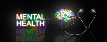 Psychische Gesundheit. Buntes Gehirn mit Stethoskop. Illustration Medizin und Gesundheitswesen.