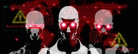 KI ist eine Bedrohung für den Menschen. Künstliche Intelligenz, gottgleich, hat das Potenzial, die menschliche Rasse und das Aussterberisiko zu zerstören. Roboter mit roten Augen sehen Sie auf einem roten Hintergrund der Weltkarte an.