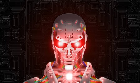 Photo for AI is a threat to humans. Artificial Intelligence, godlike, has the potential to destroy the human race and extinction risk. Robots with red eyes look at you on an electronic circuit background. - Royalty Free Image