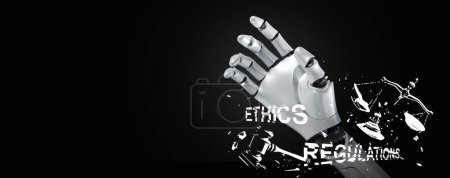 Künstliche Intelligenz verstößt gegen KI-Ethik und -Vorschriften. Roboterhand entgleist den Ethik- und Regulierungssymbolen, einem Hammer und einer Gerechtigkeitswaage.