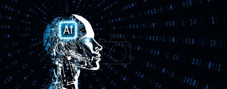 AI - Artificial intelligence. Ai digital brain. Human face with circuit pattern on binary code background. Humanoid robotic silhouette. Technology illustration 