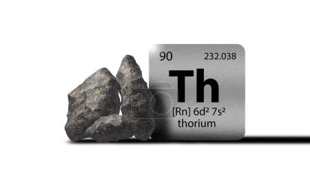 Téléchargez les photos : Éléments de thorium sur un tableau périodique métallique avec Thorium métamictique noir grisâtre sur fond blanc. Icône et illustration 3D. - en image libre de droit