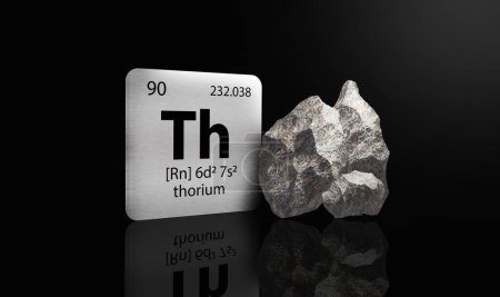 Thoriumelemente auf einem metallischen Periodensystem mit grauschwarzem metamiktischem Thorium auf dunklem Hintergrund. 3D gerendertes Symbol und Illustration. 