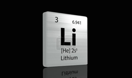 Téléchargez les photos : Éléments au lithium sur un tableau périodique métallique sur fond sombre. Icône et illustration 3D. - en image libre de droit