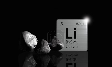 Foto de Elementos de litio en una tabla periódica de metal con litio negro grisáceo sobre fondo oscuro. Icono e ilustración renderizados 3D. - Imagen libre de derechos