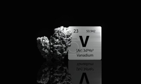 Téléchargez les photos : Vanadium element on a metal periodic table with silvery grey metamictic Vanadium on dark background. 3D rendered icon and illustration. - en image libre de droit