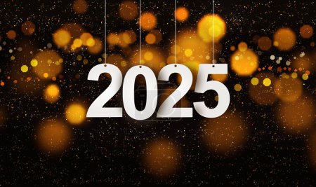 Photo for Happy New Year 2025 with small glitters sprinkling down. Hanging paper cut number with festive confetti on an orange golden blurry bokeh background.. - Royalty Free Image
