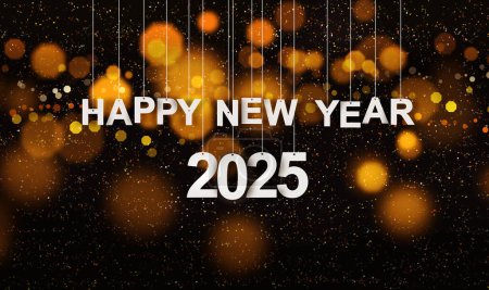 Photo for Happy New Year 2025 with small glitters sparkling down. Hanging white paper cut number with festive confetti on an orange golden blurry bokeh background. - Royalty Free Image