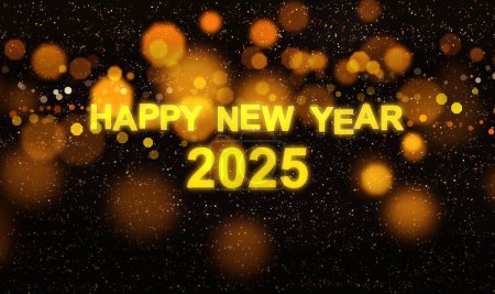 Photo for Happy New Year 2025 with small glitters sprinkling down. Hanging bright golden paper cut number with festive confetti on an orange golden blurry bokeh background. - Royalty Free Image
