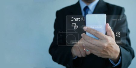 Chat ai concept. L'homme d'affaires discute avec l'IA sur un smartphone. Chatter avec une intelligence artificielle intelligente, une application de service de chatbot client, en utilisant l'invite de commande pour générer des sorties.