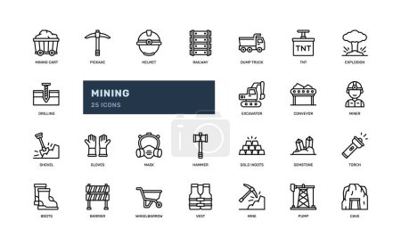 minería ingeniería minera minera industria minera tecnología de fábrica esquema detallado icono conjunto. ilustración simple vector