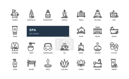 Ilustración de Spa masaje natural belleza mujer terapia tratamiento relajarse detallado esquema icono conjunto. ilustración simple vector - Imagen libre de derechos