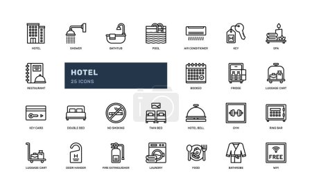 hotel travel vacation sleep detailed outline with bed, shower, restaurant, key, door knob. simple vector illustration