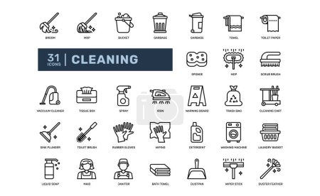 Téléchargez les illustrations : Nettoyage hygiène ménage routine détail ligne mince icône ensemble. illustration vectorielle simple - en licence libre de droit