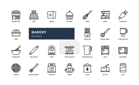Ilustración de Bakery pastry dessert with making cooking baking restaurant detailed line outline icon set - Imagen libre de derechos