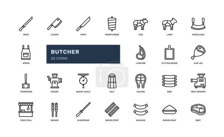 Ilustración de Butcher icons set featuring detailed outline illustrations of meat cuts, knives, cleavers, scales, and other butcher tools. Perfect for food, restaurant, and culinary websites, recipes, and menus - Imagen libre de derechos