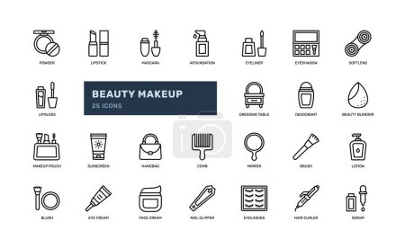 beauty makeup cosmetic for woman treatment outline line detailed icon set