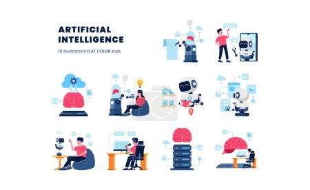Illustration for Artificial Intelligence future technology with robot machine learning computation to help human task illustration with flat color style set for ui webpage - Royalty Free Image