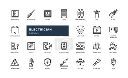 electricity electrician technician electronic voltage power detailed outline line icon set