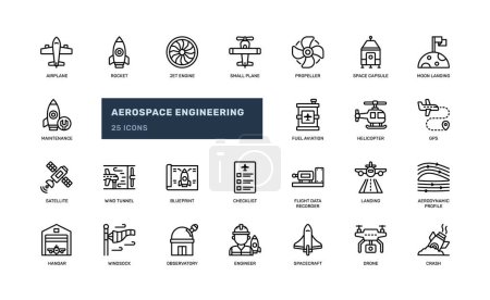 Téléchargez les illustrations : Aérospatiale génie aviation avion technologie spatiale fusée esquisse détaillée ligne icône ensemble - en licence libre de droit