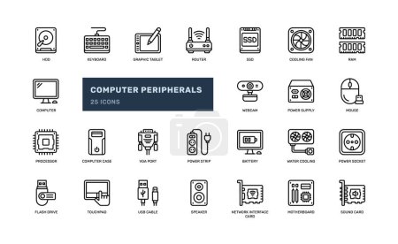 Illustration for Computer accessories peripherals component hardware input data storage detailed outline line icon set - Royalty Free Image
