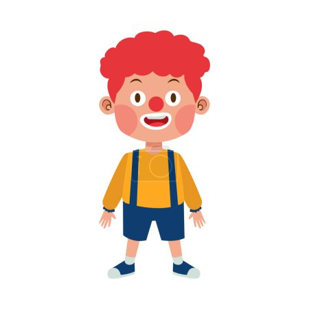 Téléchargez les illustrations : Enfant heureux garçon porter costume de clown avec perruque et nez rouge pour fête célébrer illustration mignonne - en licence libre de droit