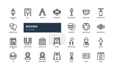 boxing fighting combat athlete martial art detailed outline line icon set