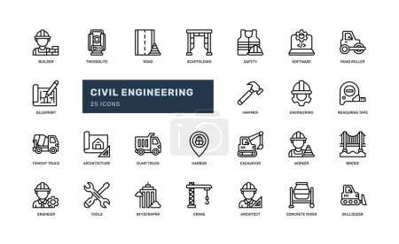 civil engineering builder heavy machine repair maintenance architecture detailed outline line icon set