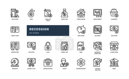 recession money global economy downturn crisis finance detailed outline line icon set