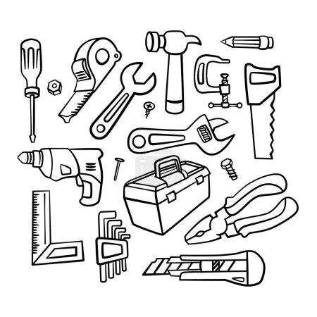 Casa reparación mantenimiento fijar objeto detallado dibujado a mano doodle esquema línea conjunto estilo