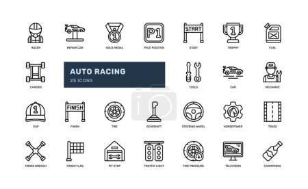 Auto racing car race sport automotive detailed outline line icon set