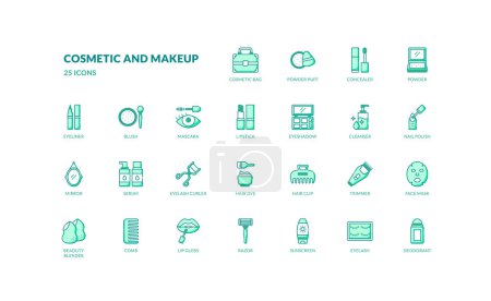 Ilustración de Belleza mujer cosmética y maquillaje cuidado de la piel tratamiento facial detallada línea llena verde icono conjunto - Imagen libre de derechos