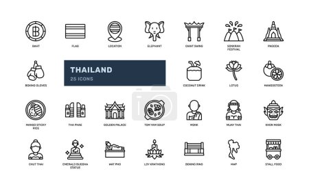 Téléchargez les illustrations : Thailand thai tourisme voyage culture et point de repère détail silhouette icône ensemble - en licence libre de droit