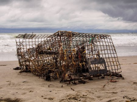 Foto de Una trampa de langosta, olla de langosta o jaula de langosta es una trampa portátil que atrapa langostas o cangrejos de río, aquí en la playa junto al Océano Atlántico en Maine, EE.UU.. - Imagen libre de derechos