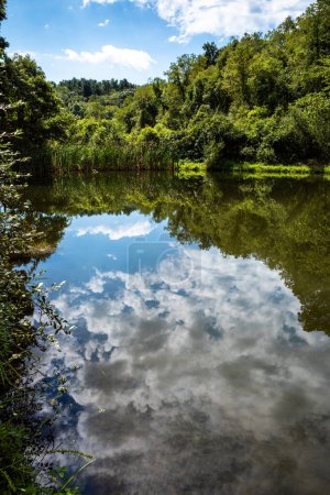Photo for Beautiful reflections of blue sky and clouds with green trees around the lake. - Royalty Free Image