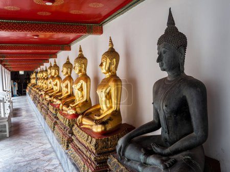 Photo for A row of gleaming golden Buddha statues lining a wall at Wat Pho Temple in Bangkok. Amidst the radiant statues, a unique black Buddha statue stands out, commanding attention. The contrast of colors creates an impressive visual effect, adding to the b - Royalty Free Image