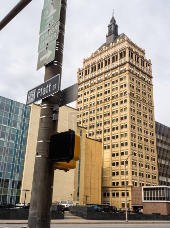 Photo for Rochester New York USA - 04 28 2023: Standing on Platt Street, the Kodak Tower, a historic icon in Rochester, Upstate New York State, stretches towards the sky. - Royalty Free Image