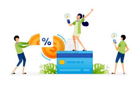 Téléchargez les illustrations : Vector Illustration of People getting discounts and cashback from credit card promotion programs for loans. Can be used for landing pages, web, websites, mobile apps, posters, ads, flyers, banners - en licence libre de droit