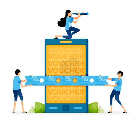 Téléchargez les illustrations : Vector Illustration of People looking for cashback voucher tickets or discount programs from promotional apps. Can be used for landing pages, web, websites, mobile apps, posters, ads, flyers, banners - en licence libre de droit