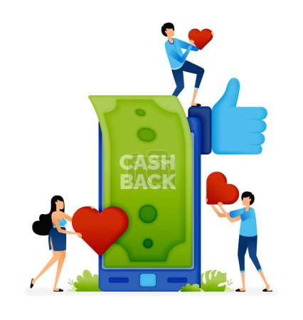Ilustración de Vector illustration of thumbs up and love feedback from user receiving cashback. mobile apps discount program. Can be used for landing pages, web, websites, mobile apps, posters, ads, flyers, banners - Imagen libre de derechos