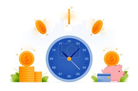 Ilustración de Illustration design of financial management and banking. time to save. stacks of coins fly into the piggy bank. saving and investment. can be used for web, website, posters, apps, brochures - Imagen libre de derechos